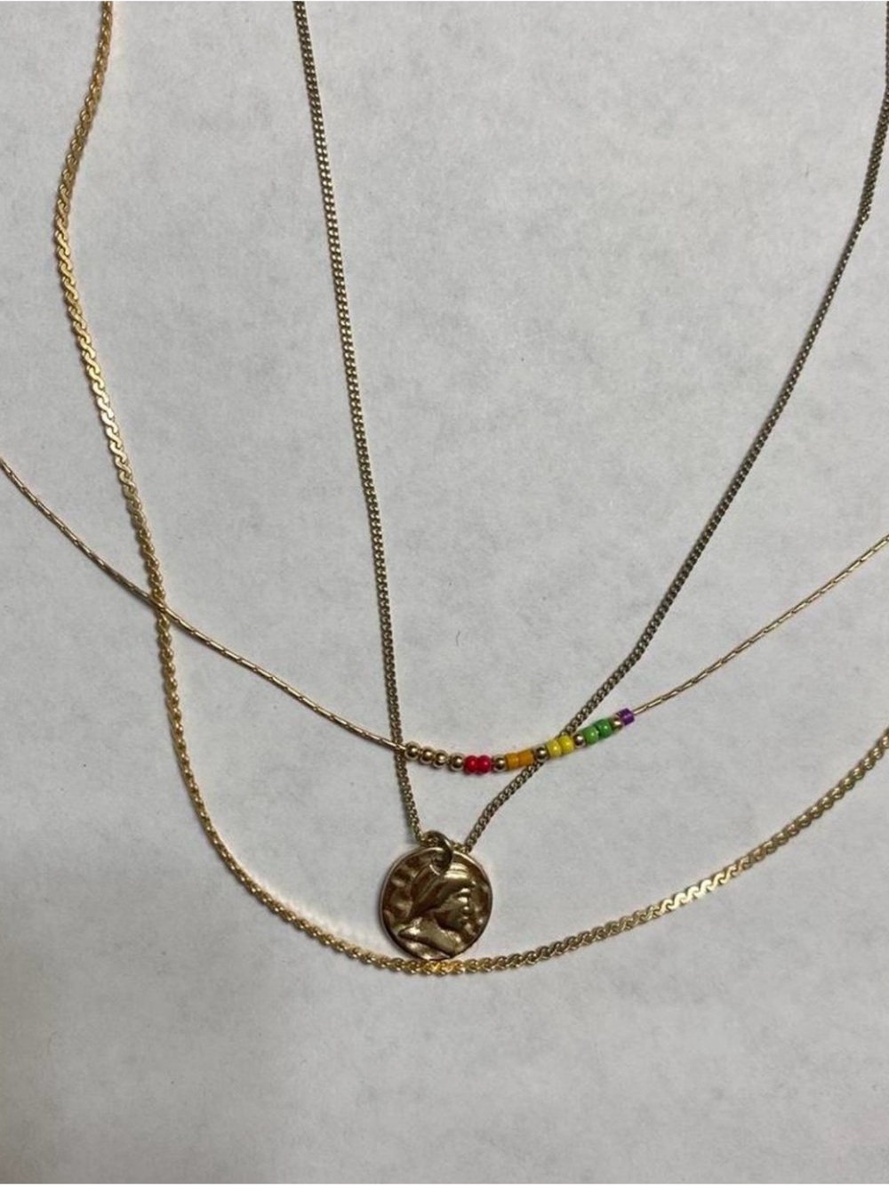 Gold Layered Coin Pendant Necklace with Rainbow Bead Accent